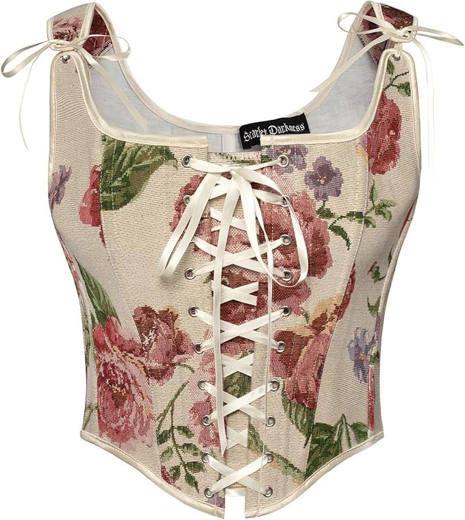 Scarlet Darkness Corset Tops for Women Renaissance Lace Up Floral Overbust Boned Bustier Bodice | Amazon (US)