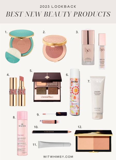 The best beauty products I tried last year!

Gucci beauty bronzer and blush
Aha cleanser
Lys beauty foundation and concealer
Ysl lip shine
Nuxe micellaire water
Charlotte Tilbury eye shadows
Amika hair spray
Victoria Beckham beauty lip gloss lip liner and bronzer 

#LTKfindsunder100 #LTKbeauty