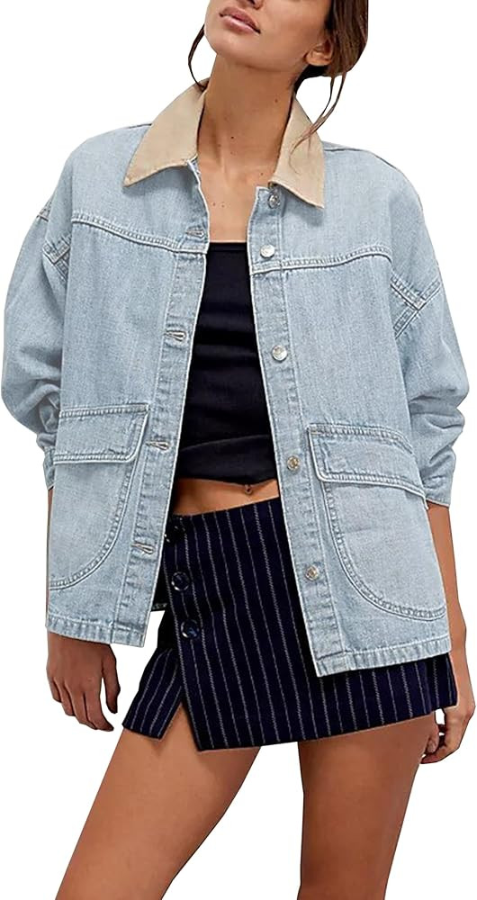 Lumister Women's Oversized Denim Jacket with Contrast Trim Long Sleeve Button Down Jean Coat with... | Amazon (US)