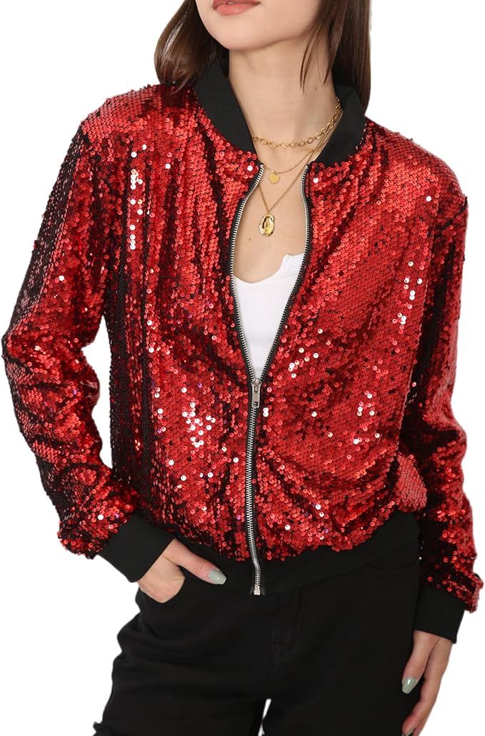 Anna-Kaci Womens Sequin Long Sleeve Front Zip Jacket with Ribbed Cuffs | Amazon (US)