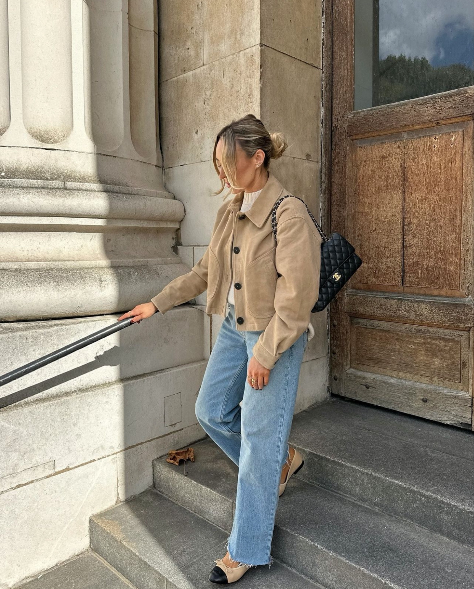 Autumn Favourites 07 - a cosy but causal city look, with this neutral faux suede bomber jacket from Zara (have linked similar!) Styled with lights jumper and jeans, and a touch of elegance with my Chanel ballet flats and bag. 

#LTKstyletip #LTKautumn #LTKworkwear
