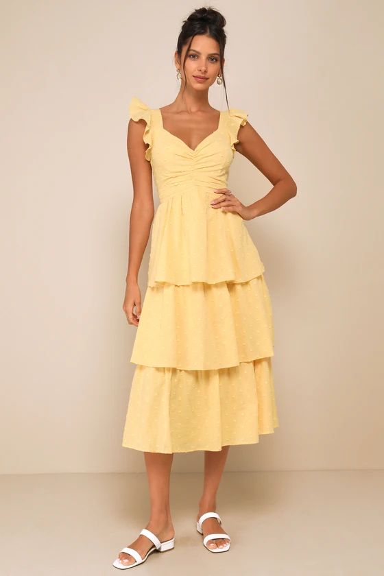Charming Decision Yellow Swiss Dot Ruched Tiered Midi Dress | Lulus