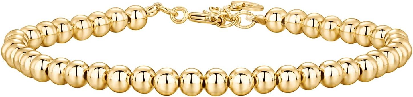 PAVOI 14K Gold Plated Beaded/Cuban/Cubic Zirconia Station Chain Adjustable Bracelet for Women | Amazon (US)