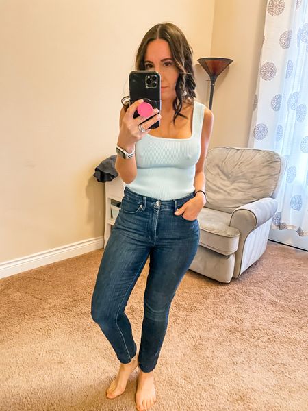 Cute casual outfit perfect for lunch out, running errands, and everything in between. 
Square neck tank top. Runs tts. It’s on sale too. 
Good American brand jeans. Love the fit and quality. They run tts. 
#ltkpetite 
#ltkcasual 

#LTKunder100 #LTKunder50 #LTKFind