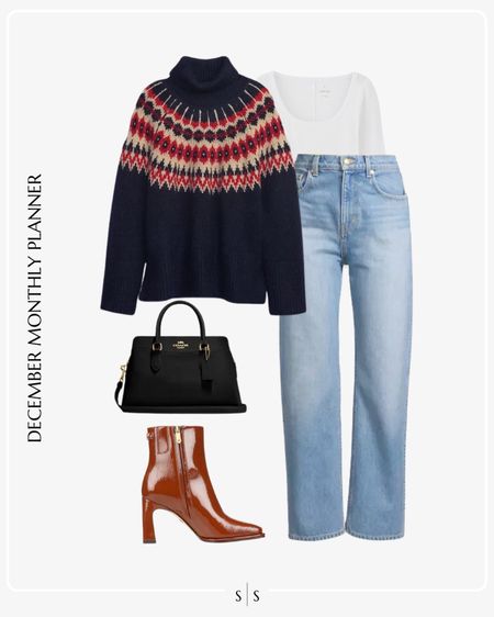 Monthly outfit planner: DECEMBER: Winter looks | fair isle sweater, wide leg Jean, patent boot, too handle bag, Holiday party outfit, Christmas

See the entire calendar on thesarahstories.com ✨ 

#LTKstyletip #LTKHoliday