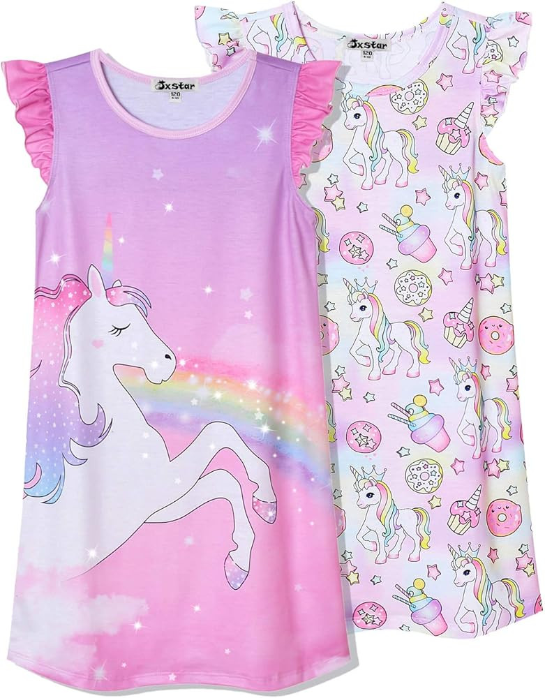 Jxstar 2-Pack Nightgown for Girls Flutter Sleeve Pajamas Cotton Sleepwear Night Dresses | Amazon (US)