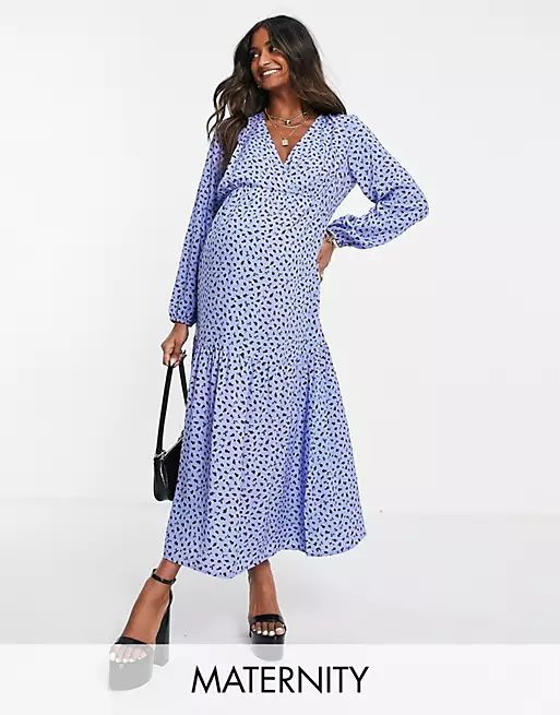 Nobody's Child Maternity long sleeve tiered tea dress in blue fruit print | ASOS (Global)