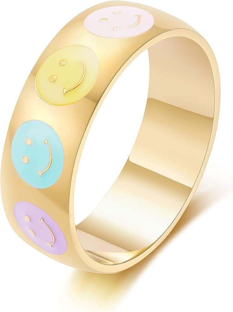 Wellike Smiley Face Rings Cute Rose Gold Rings Flower Star Colorful Enamel Band Rings Stainless Stee | Amazon (US)