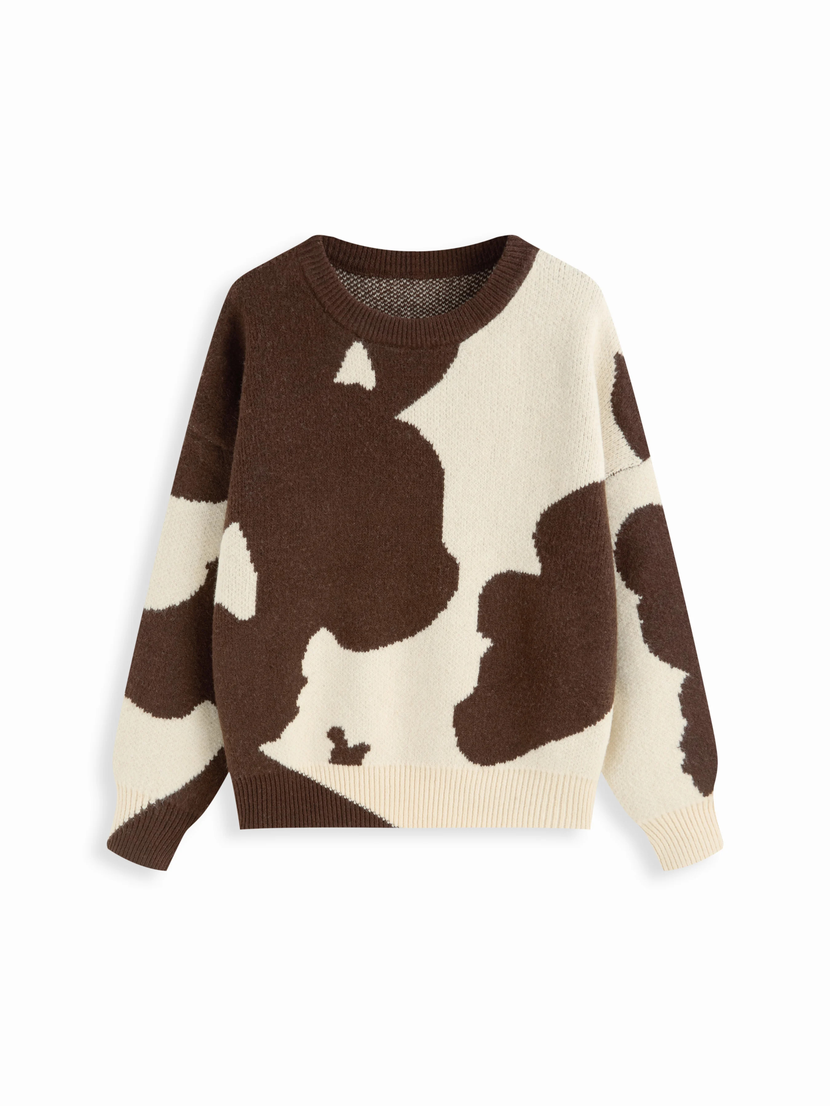 Knit Wool-blend Cow Pattern Round Neck Oversized Sweater | Cider