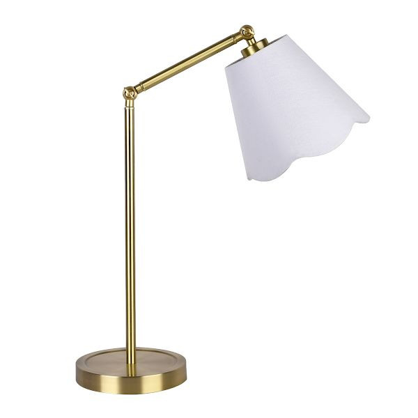 Providence Brushed Brass Desk Lamp with White Fabric Scalloped Shade, 20" | At Home