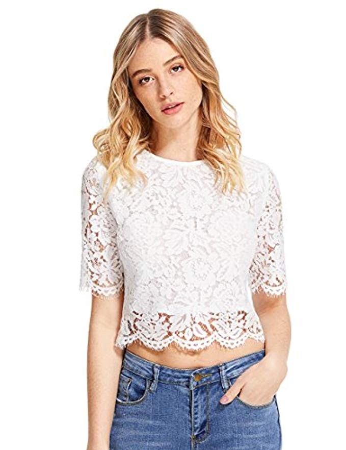 MakeMeChic Women's Short Sleeve Sexy Sheer Blouse Mesh Lace Crop Top | Amazon (US)