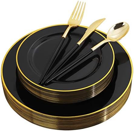 WELLIFE 120 PCS Black Plastic Plates with Gold Rim, Gold Disposable Cutlery with Black Handle, Bl... | Amazon (US)