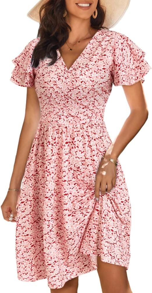 VETIOR Womens Sundress Summer Wrap V Neck Floral Spring Dresses Short Sleeve Sun Dress for Women ... | Amazon (US)
