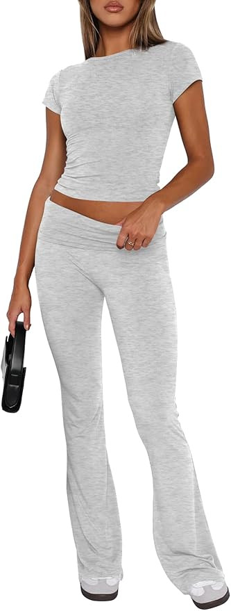 Darong Women's 2 Piece Lounge Set Fold-Over Flare Pants Short Sleeve Cropped Top Set Casual Outfi... | Amazon (US)