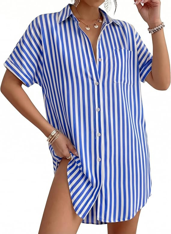 MANGOPOP Swimsuit Coverup for Women Striped Bathing Suit Cover Up Button Down Shirt Beach Cover U... | Amazon (US)