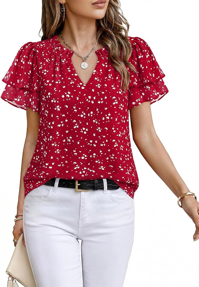 Timeson Womens Summer Tops Dressy Casual Short Sleeve Chiffon Blouses V Neck Business Work Shirts | Amazon (US)