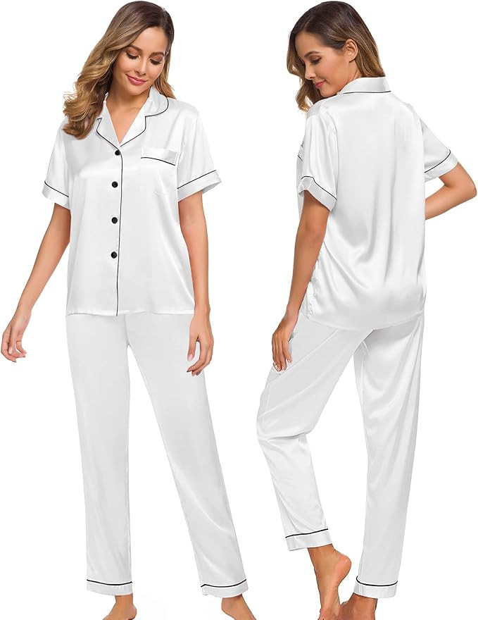 SWOMOG Womens Silk Satin Pajamas Loungewear Two-piece Sleepwear Button-Down Pj Set | Amazon (US)