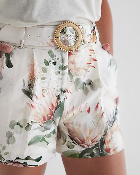 Stylist Super High Waisted Linen-Blend Floral Belted Shorts | Express