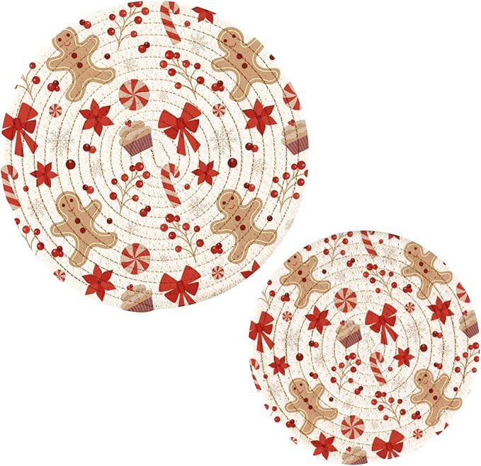 Christmas Gingerbread Man Round Trivets Mats Snowflakes Candy Canes Berries Trivet Pot Holders Ho... | Amazon (US)
