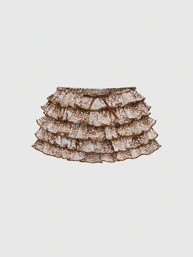 ROMWE Kawaii Y2K Style Fawn Print Low Waist Ruffled Mesh Layered Shorts For Women | SHEIN