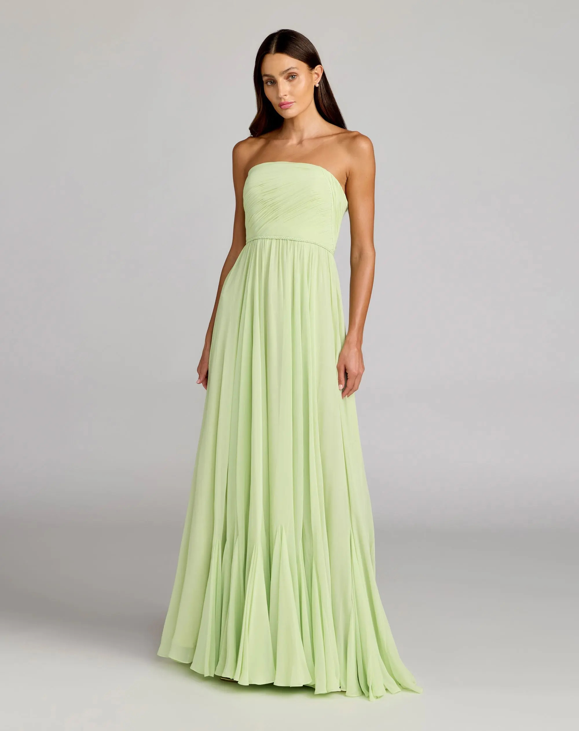 Green Strapless Chiffon Gown With Braided Belt | Mac Duggal | Mac Duggal