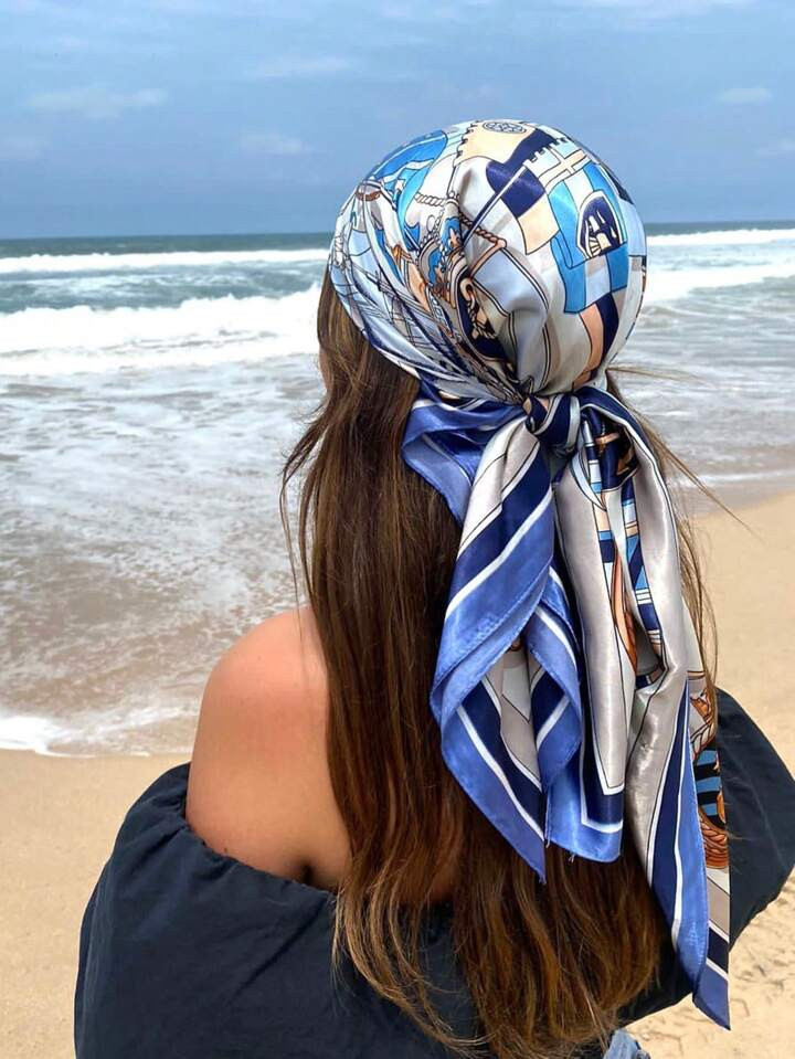 1pc Women's Spring/Summer Fashion Blue Sailboat Printed Silk Scarf, Headband, Hairband, Bandana T... | SHEIN
