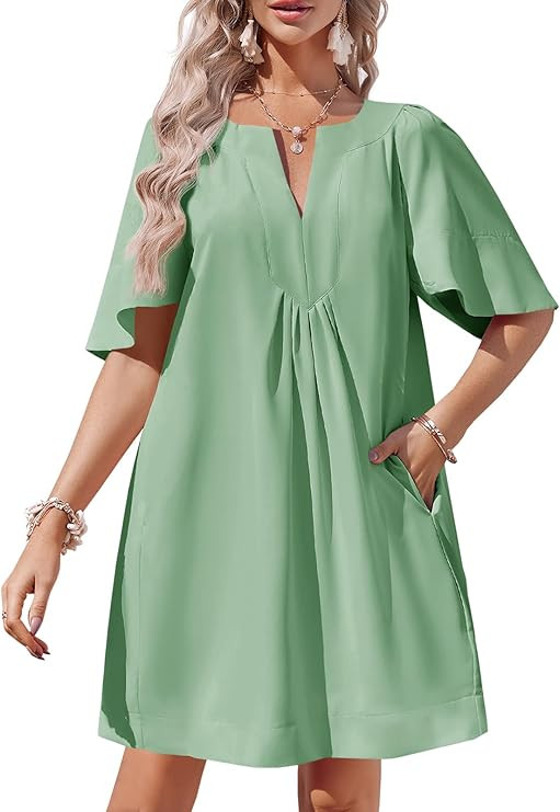 Wenrine Womens Flutter Short Sleeve Mini Dress Casual V Neck Loose Flowy Summer Dresses | Amazon (US)