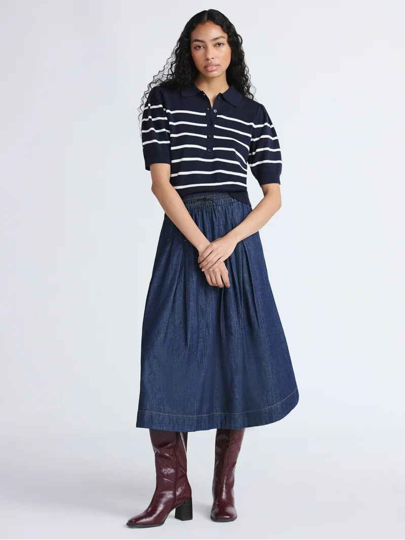 Free Assembly Women's Collared Sweater Tee with Puff Sleeves, Lightweight, Sizes XS-XXL | Walmart (US)