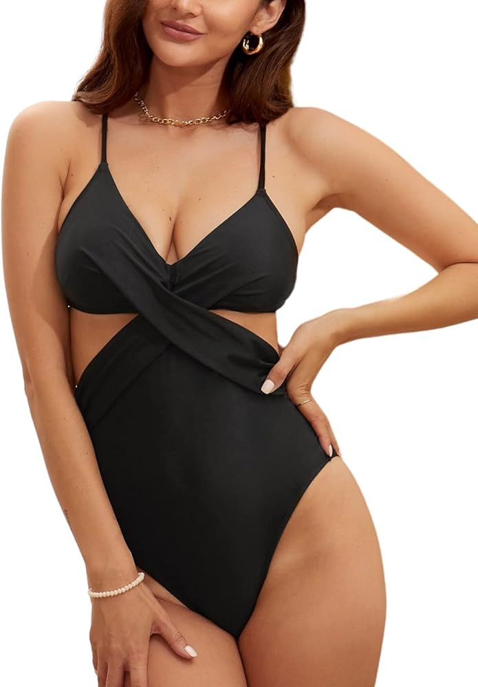 CUPSHE Swimwear Womens One Piece Swimsuit V Neck Twist Front Cut Out Sides Crisscross Back Wrap | Amazon (US)