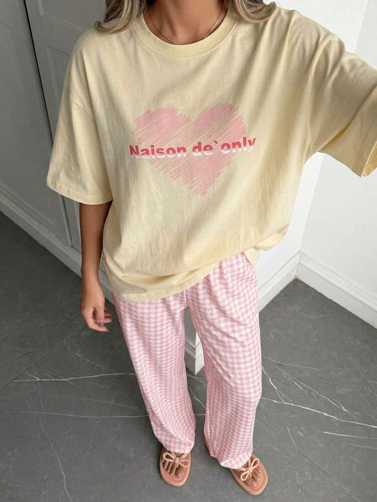 Conjunto De Pijama Con Camiseta De Ajuste Holgado Con Estampado De Corazón Y Pantalón Ancho A Cuadros, Ropa De Estar En Casa | SHEIN
