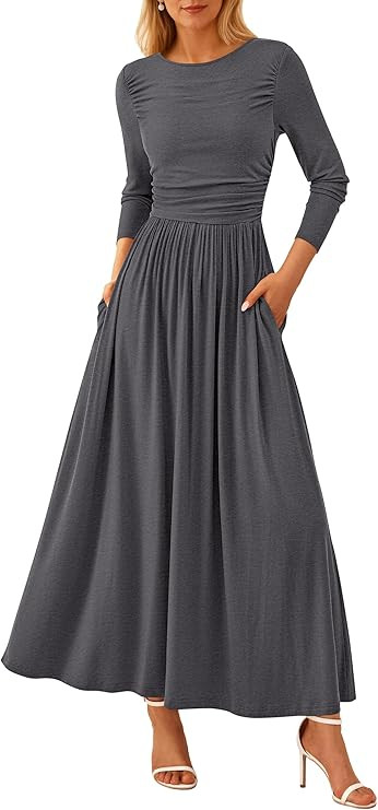 PRETTYGARDEN Women's 2025 Fashion Trendy Fall Long Sleeve Dresses Ruched Flowy Elegant Modest Boh... | Amazon (US)
