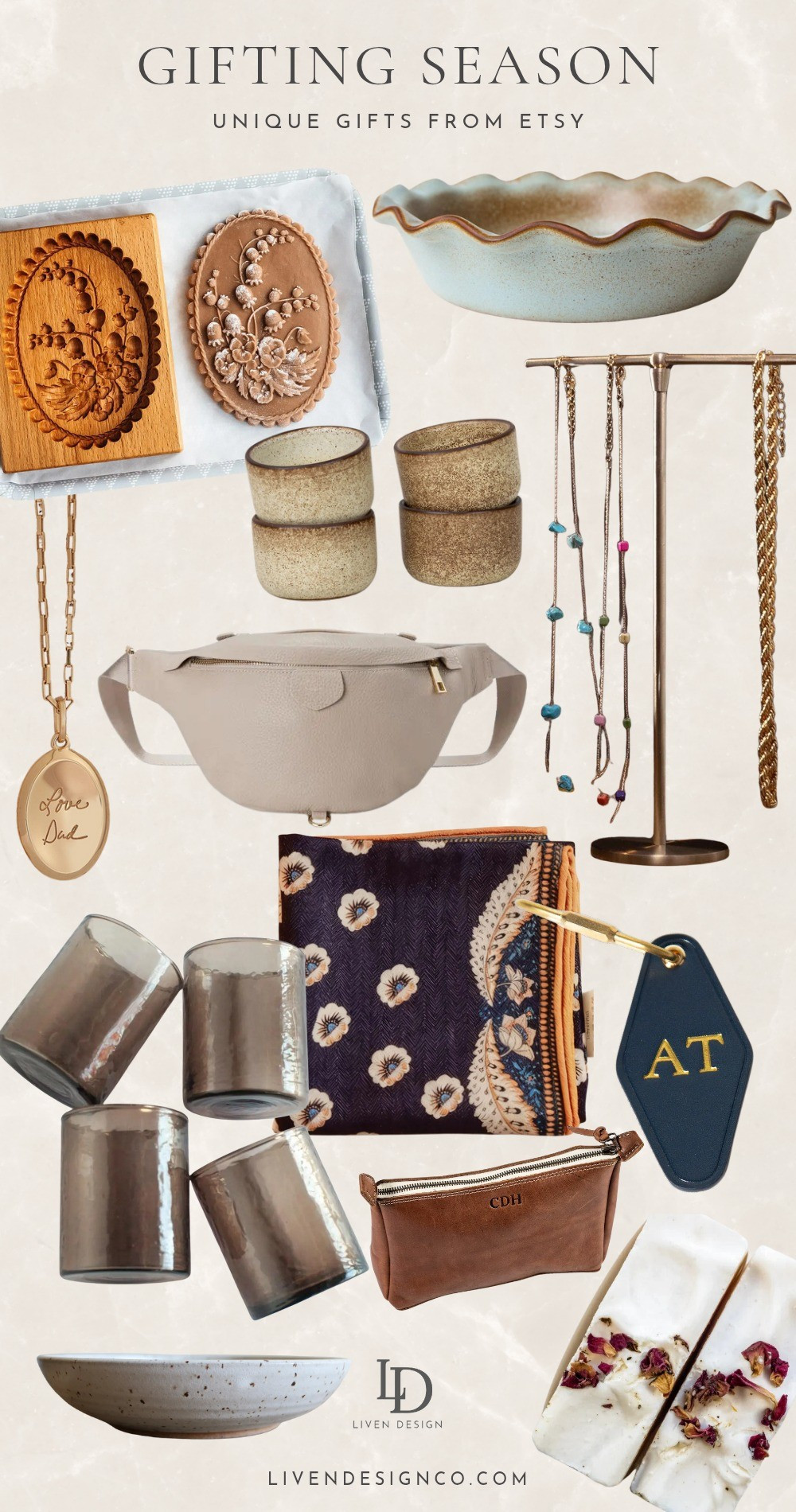 Etsy gift guide. Gift for her. Gift for him. Artisan gift. Unique gift. Under $75. Under $50. Cookware. Pottery. Pie dish. Handwriting jewelry. Jewelry stand. Leather crossbody. Handcrafted. 

#LTKGiftGuide #LTKHoliday #LTKFindsUnder50