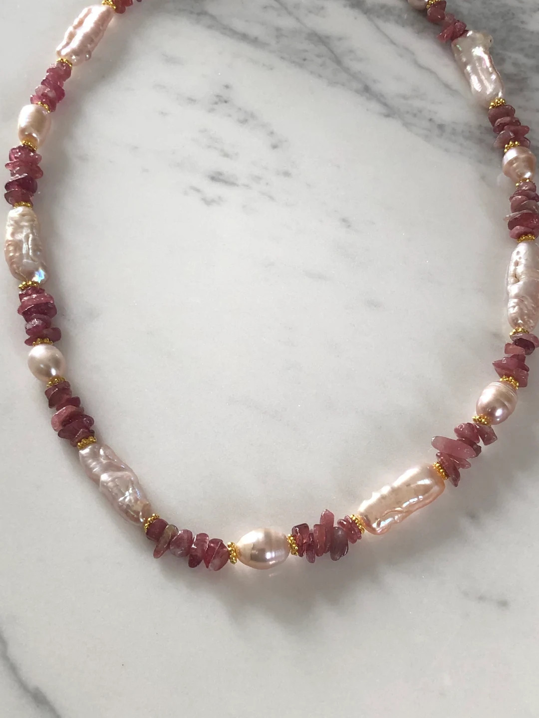 Pearl Necklace Biwa Pearl Necklace Stick Pearl Strand Necklace Pink Tourmaline Pink Pearl Necklac... | Etsy (US)