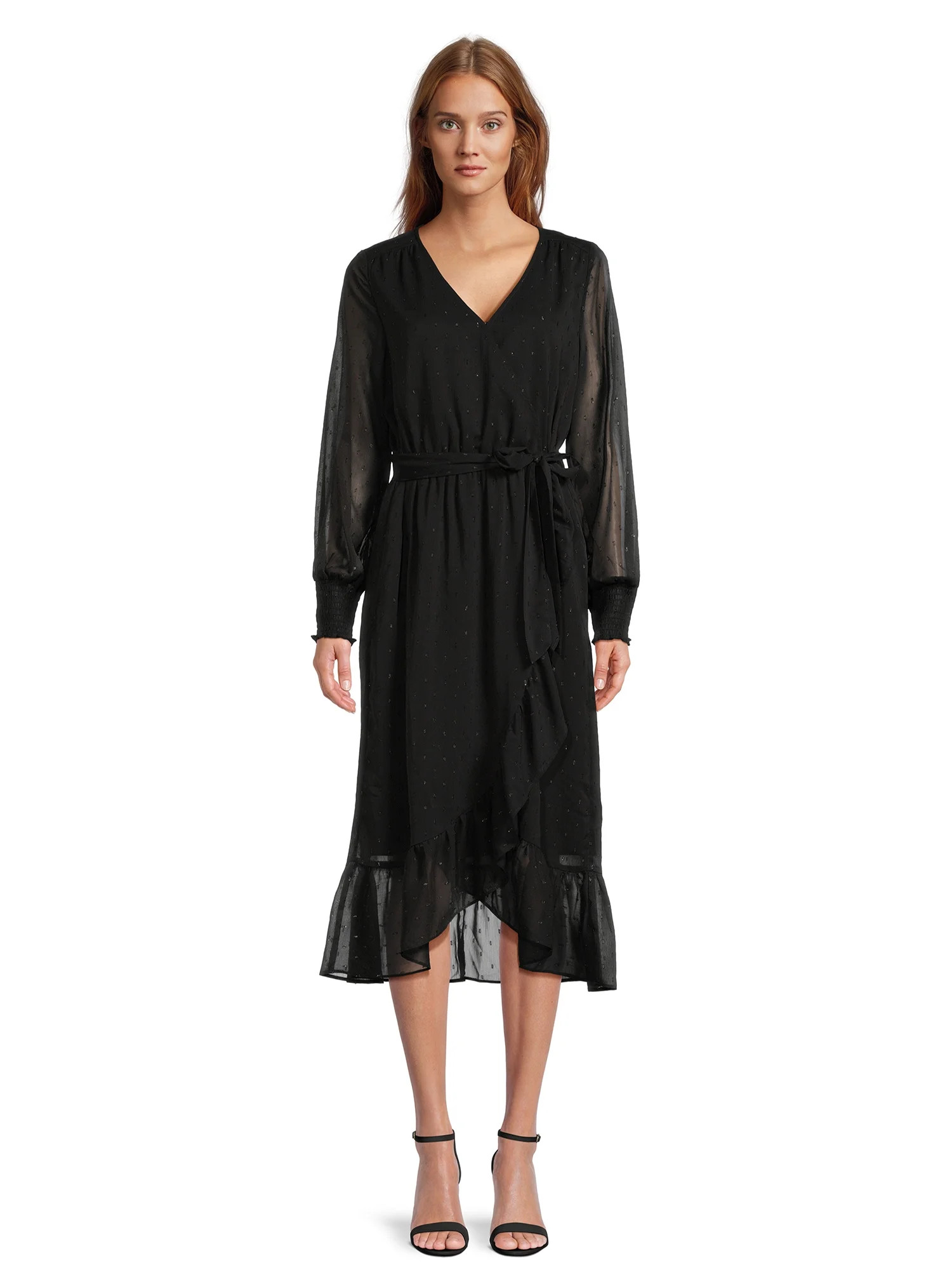 Time and Tru Women's Faux Wrap Midi Dress with Smocked Sleeves, Sizes XS-XXXL | Walmart (US)