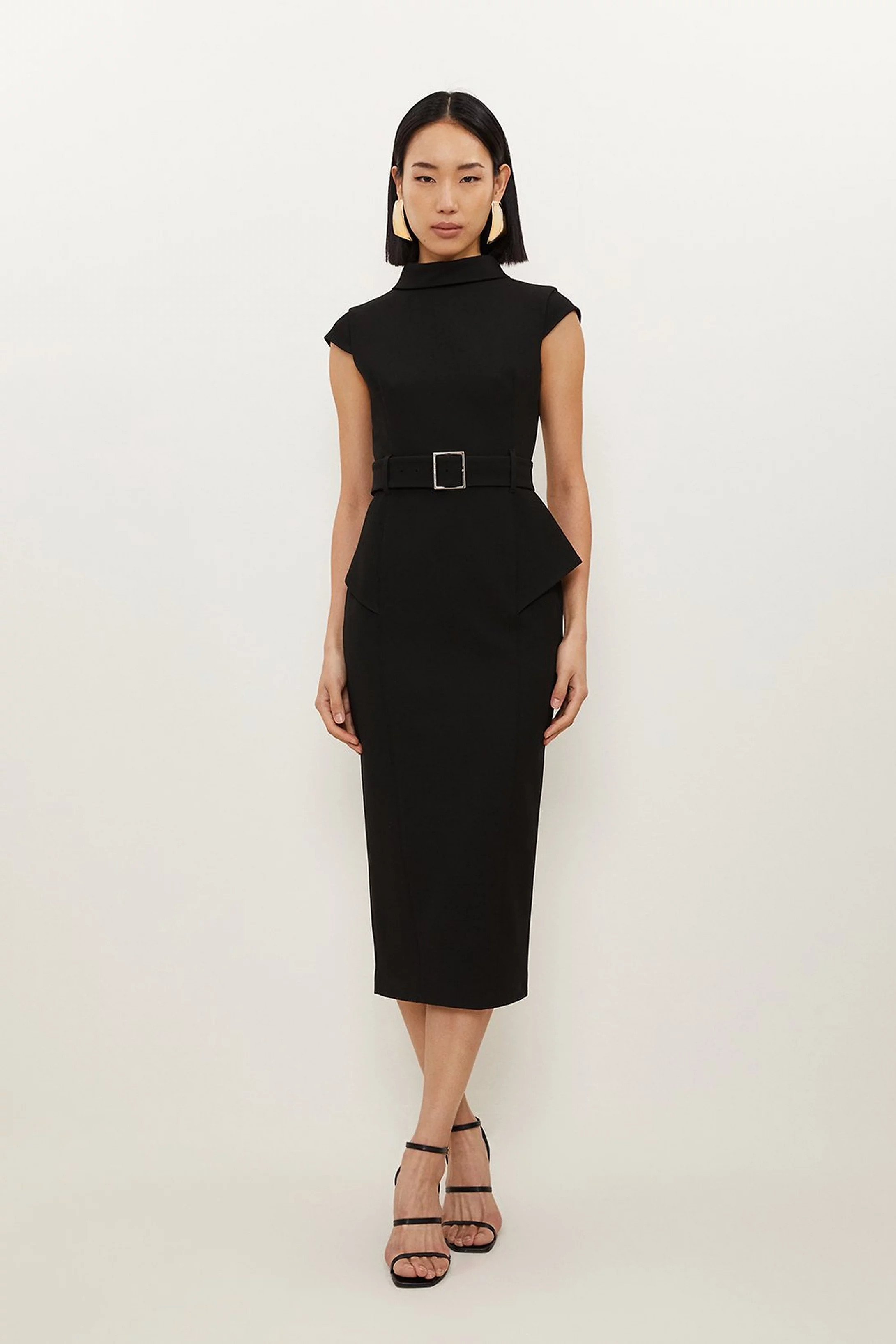 Structured Crepe Turtleneck Peplum Belted Midi Dress | Karen Millen US