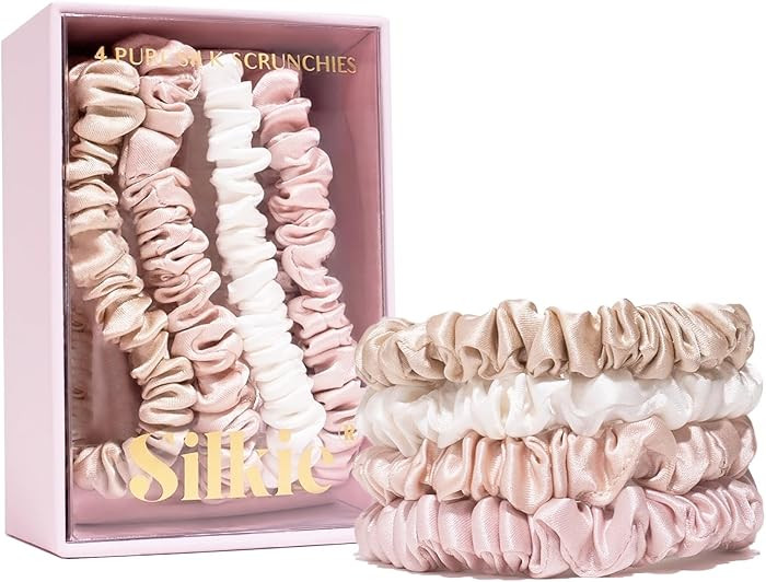 SILKIE x4 Set 100% Pure Mulberry Silk Pink Nude Neutral Skinny Scrunchies Travel Pouch Everyday H... | Amazon (US)