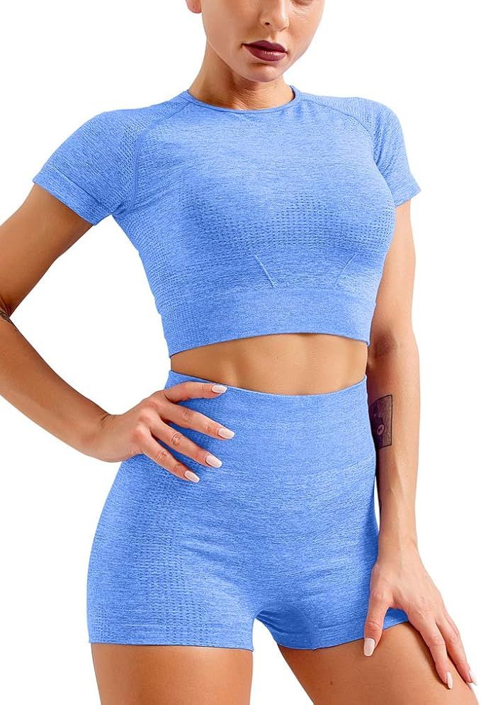 HYZ Yoga 2 Piece Outfits Workout Running Crop Top Seamless High Waist Shorts Sets | Amazon (US)