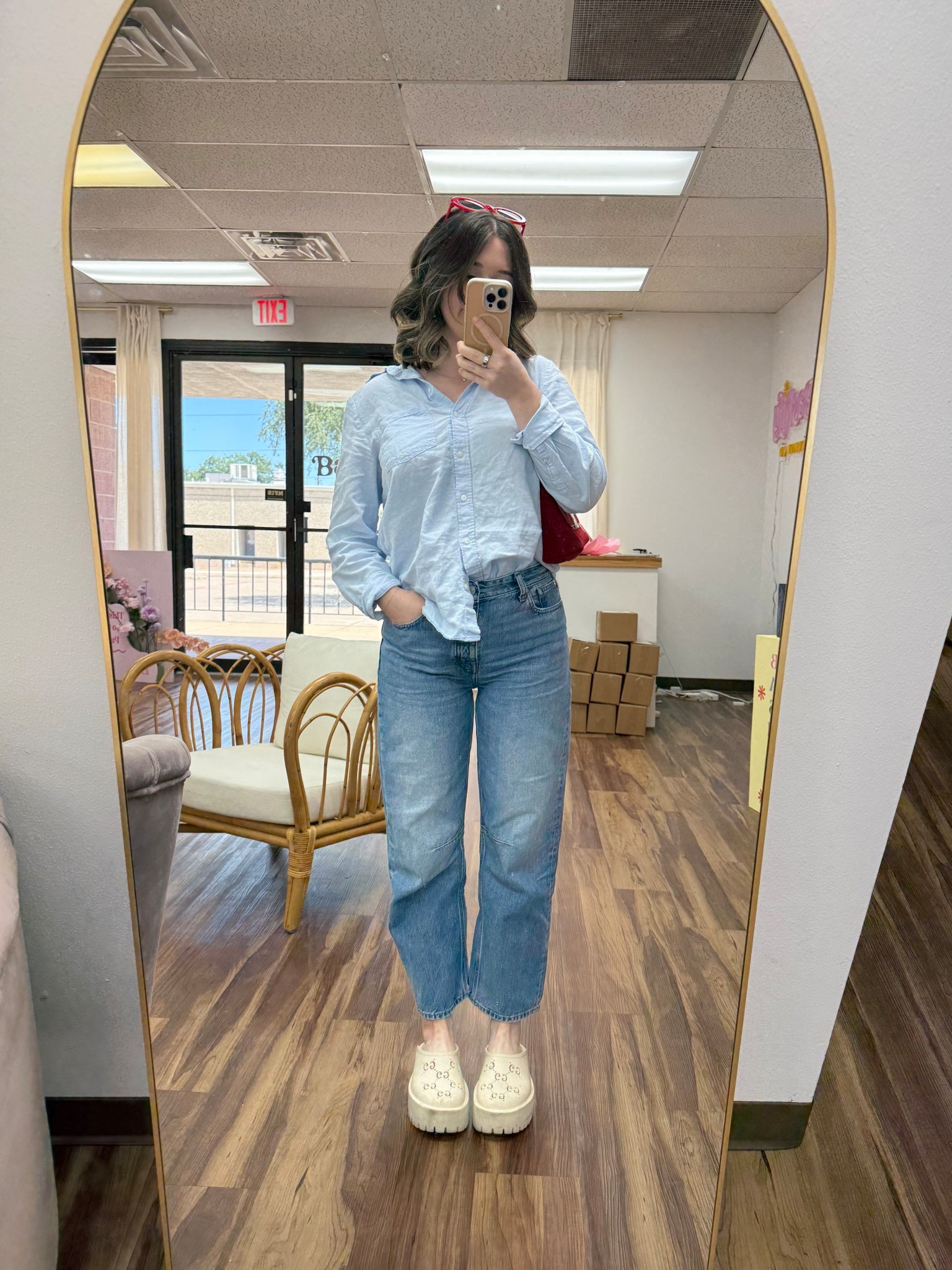 Daily work outfit 
H&M linen button down 
Madewell barrel jeans (run big)
Gucci clogs 
Madewell red purse and sunglasses 

#LTKItBag #LTKStyleTip #LTKShoeCrush