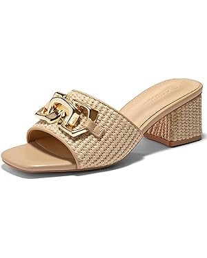 Coutgo Womens Raffia Slide Sandals Chunky Block Heeled Square Open Toe Metal Chain Slip on Mules ... | Amazon (US)
