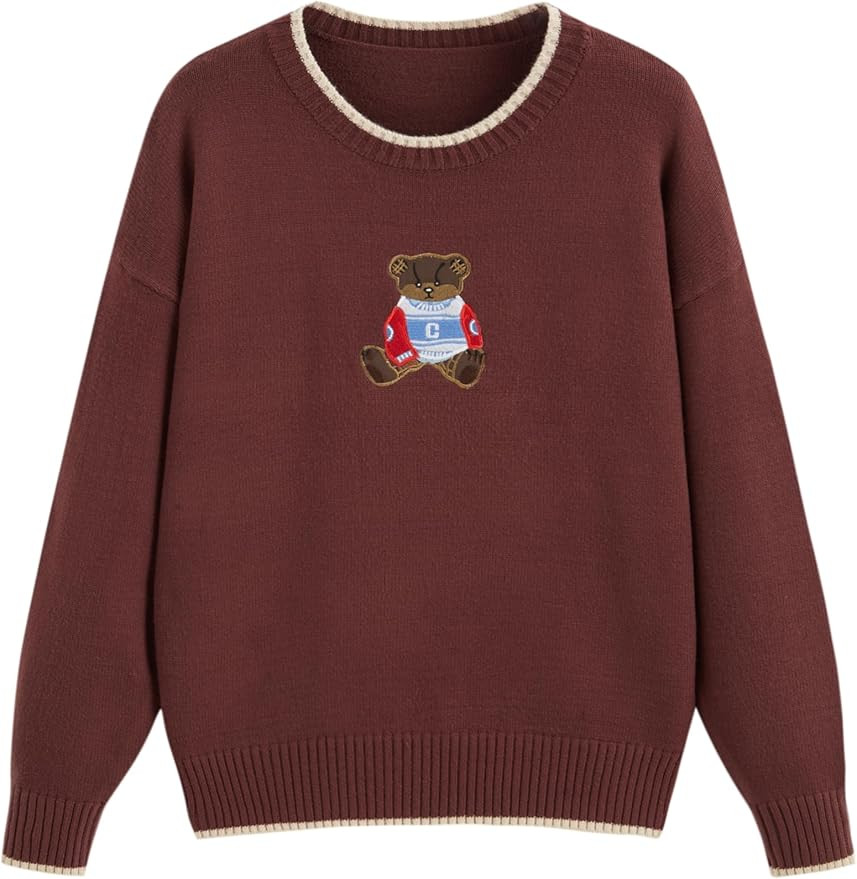 CIDER Women's Fall Sweaters Long Sleeve Cute Sweaters Bear Graphic Crewneck Soft Knit Casual Crop... | Amazon (US)