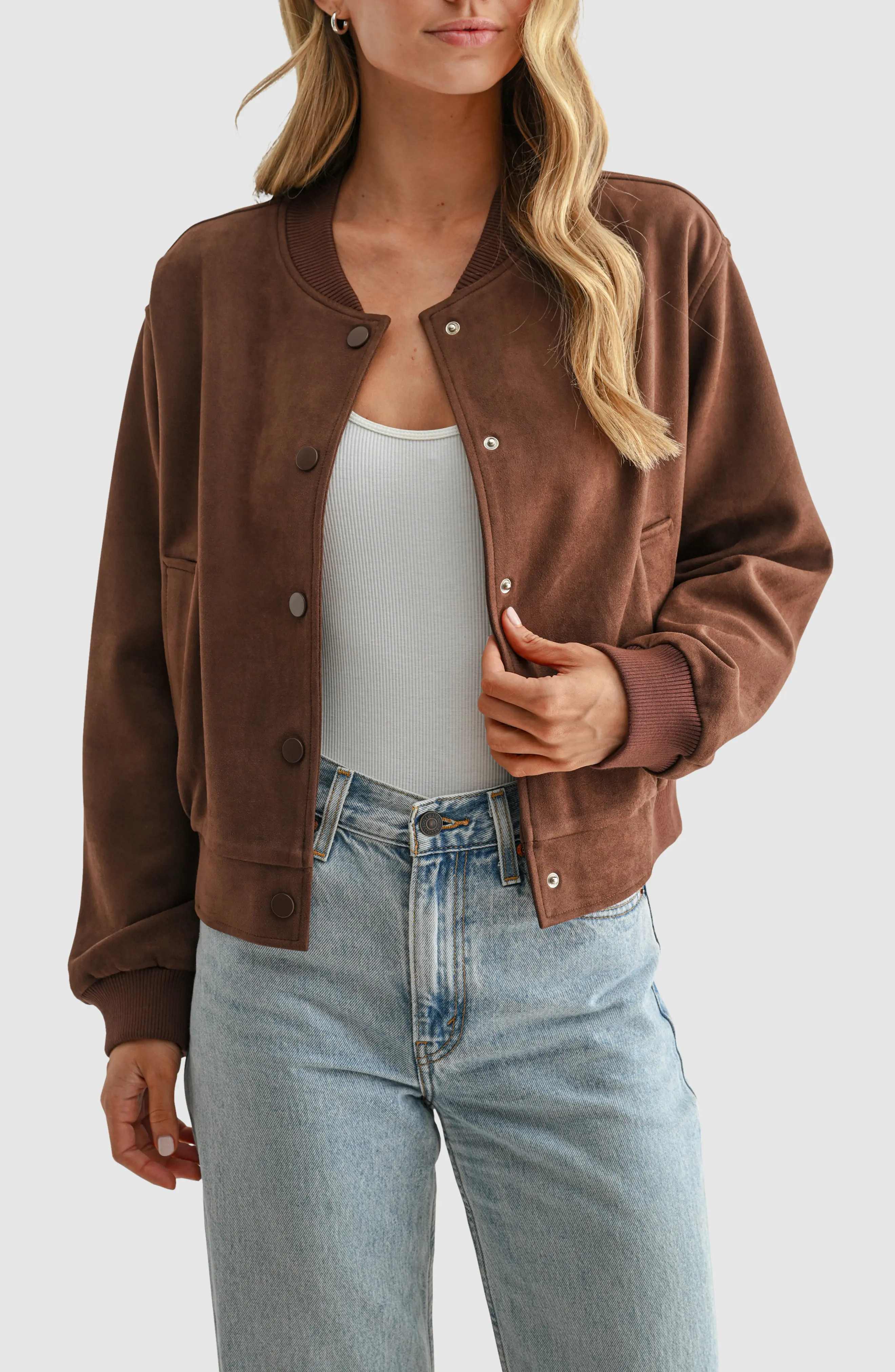 All in Favor Faux Suede Bomber Jacket in Brown at Nordstrom, Size Small | Nordstrom