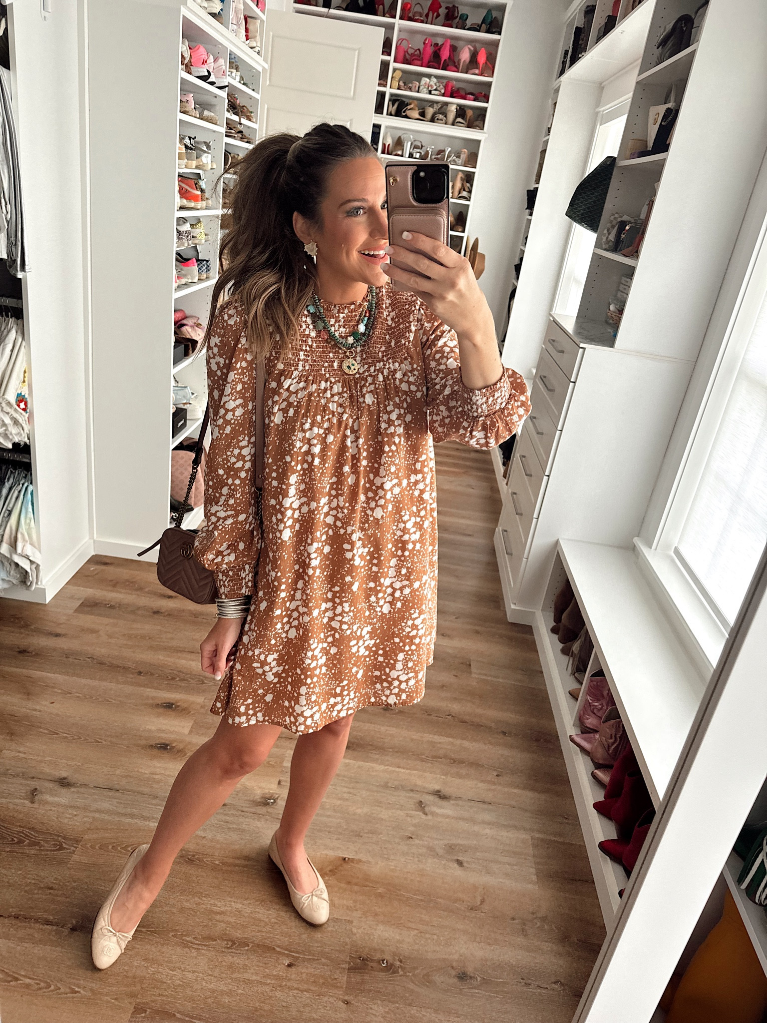 In a size medium in dress for extra length for bump! Usually a small in this dress! Amazon prime outfit for fall  