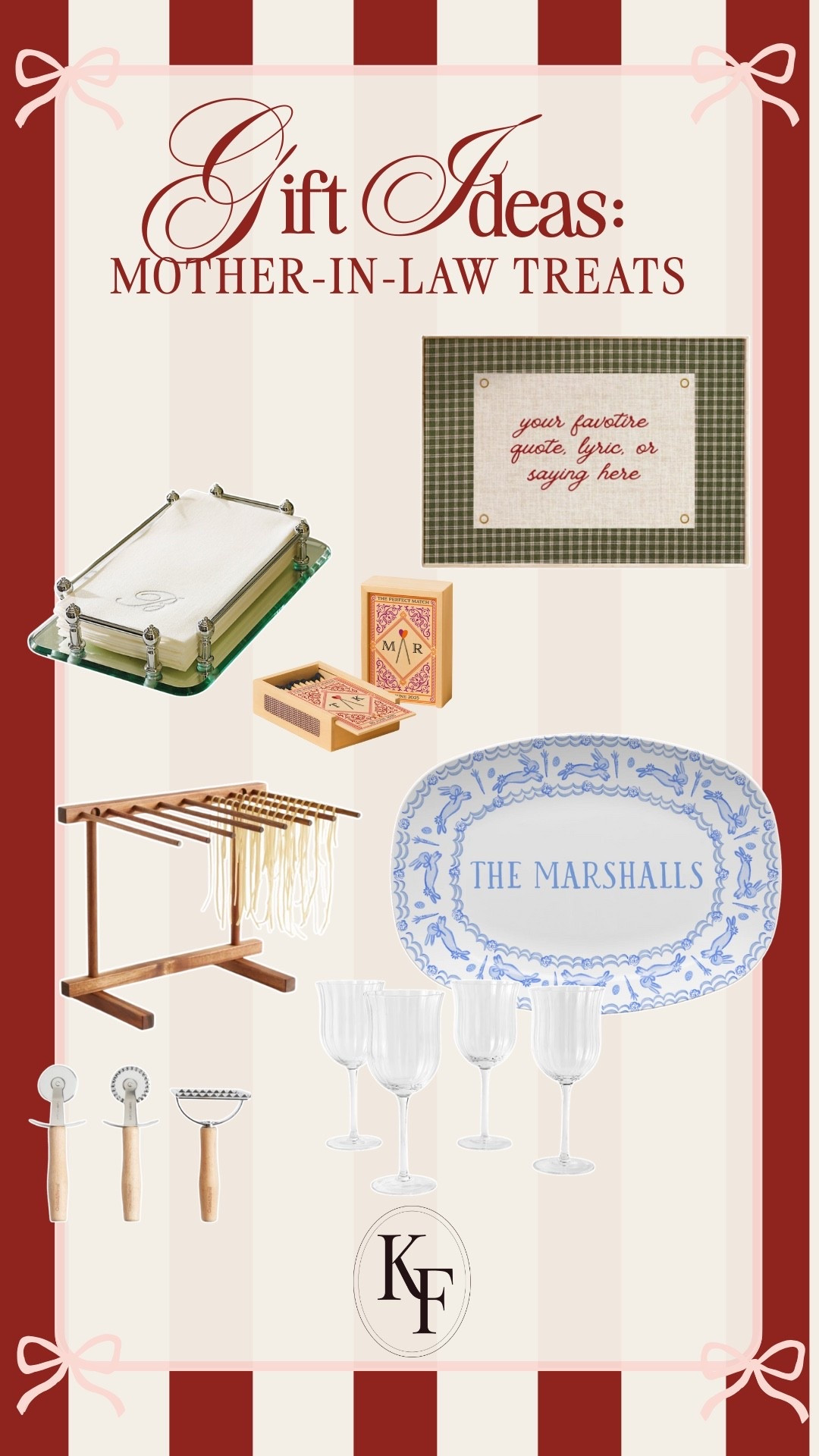Gift ideas for your mother-in-law, mother or any other woman on your list!

Included some easy to personalize gifts to add a more personal touch, some affordable wine, glasses for hosting, and some cooking accessories for a homemade pasta night.

#LTKHoliday #LTKGiftGuide