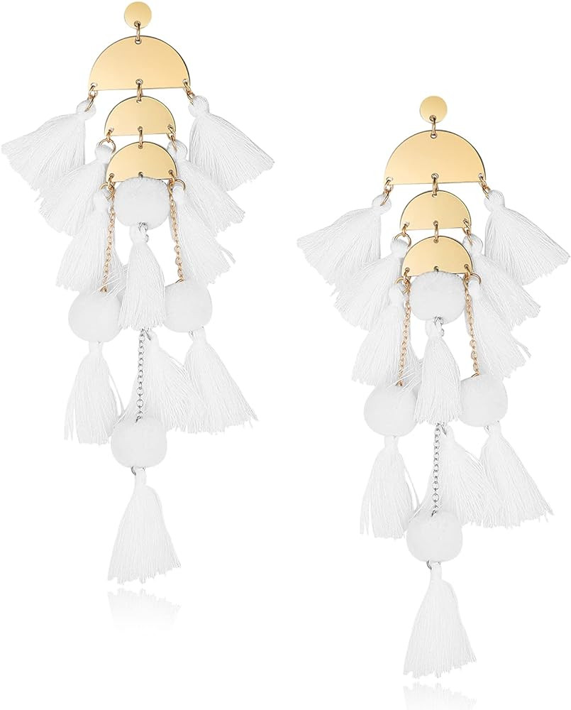 Women's Beaded Tassel Earrings Statement Fringe Drop Bohemian Chandelier Earrings Geometric Dangl... | Amazon (US)