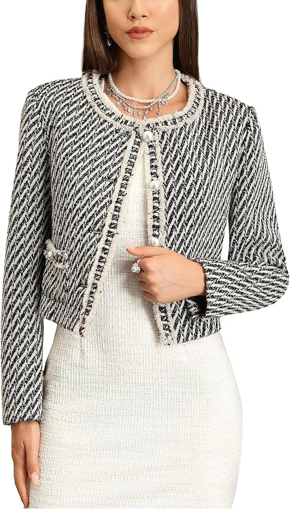M.Infisavo Tweed Blazer Jackets for Womens with Pockets, Cropped Long Sleeve Open Front Collarles... | Amazon (US)