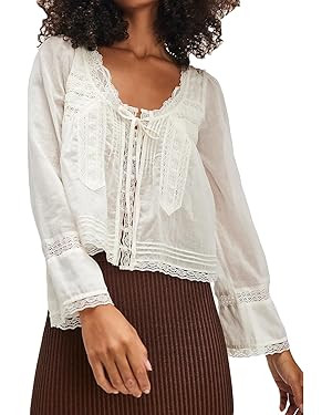 Women Tie Front Long Sleeve Top Lace Trim Button Shirt Square Neck Loose Blouse Going Out Y2k Coq... | Amazon (US)