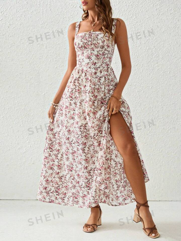 SHEIN VCAY Vocation Style Woven Apricot Bottom Floral Print Slit Side Spaghetti Strap Dress For W... | SHEIN