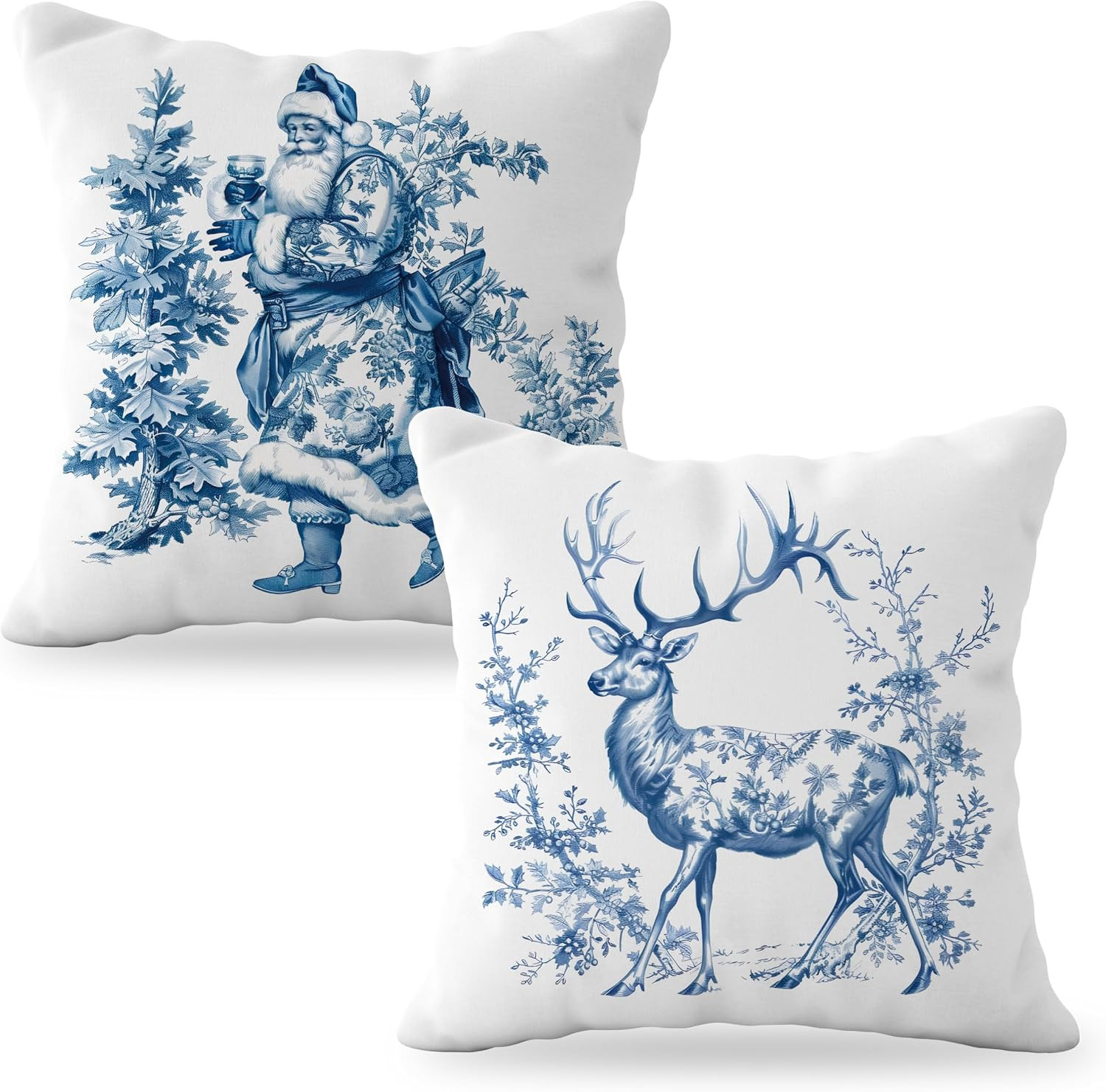 YeiHe Chinoiserie Christmas Decor Pillow Covers 18x18 Set of 2, Vintage Blue and White Santa Reindeer Christmas Pillow Covers, Blue and White Christmas Decorations, Grandmillennial Christmas Decor | Amazon (US)