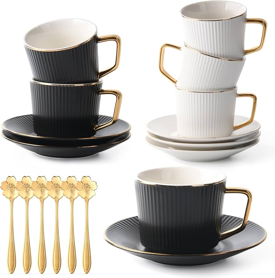 ICHAG Cups and Saucers Set of 6, Coffee Mugs, Stripes Tea Cups Set, Tea Set, 18-piece, Cup with 6... | Amazon (US)