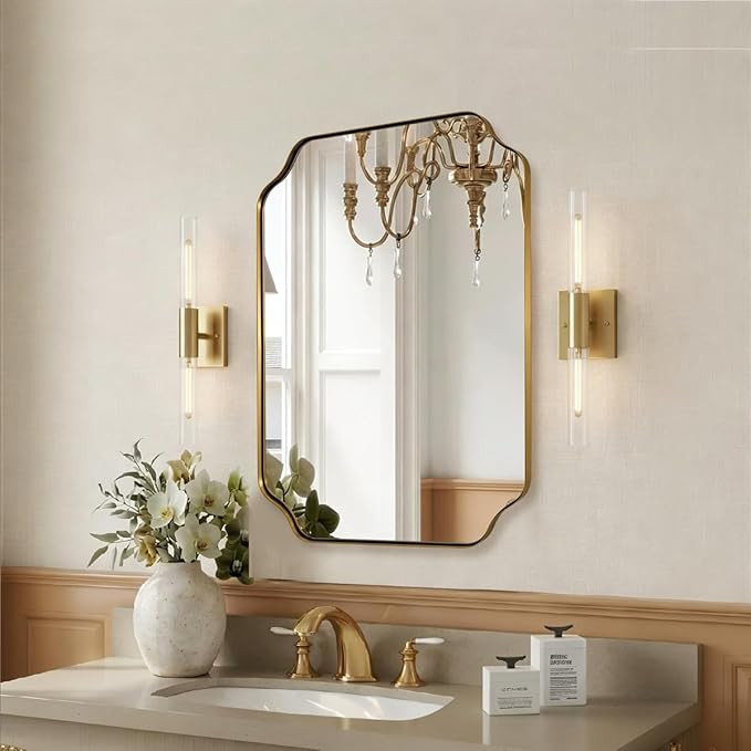 MIRRORART Gold Bathroom Mirrors 24x32 Inch, Brushed Brass Scalloped Mirrors for Bathroom, Notched... | Amazon (US)